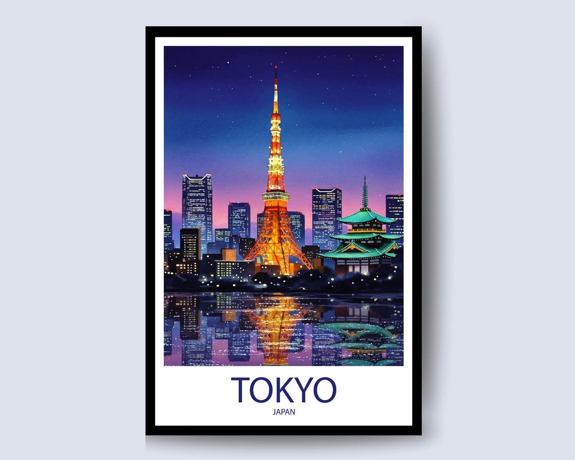 Tokyo Tower Japan Night Skyline with Pagoda and City Lights Poster