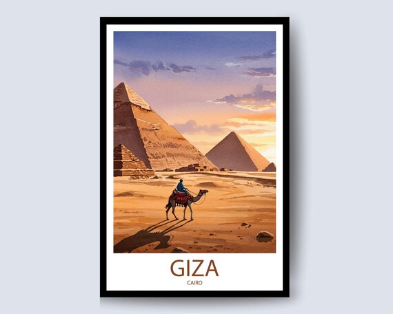 Giza Cairo Pyramids Camel Rider Desert Sunset Watercolor Poster