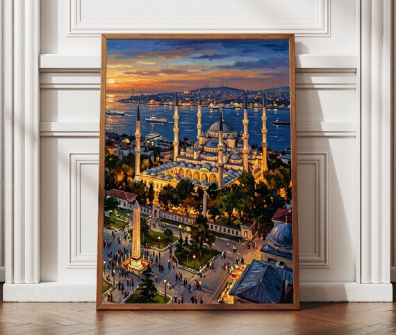 Istanbul Blue Mosque Sunset Golden Horn Oil Painting Travel Wall Poster