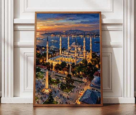 Sultanahmet Mosque Wall Art Istanbul Sunset And Evening Lights Print Turkey Travel Poster