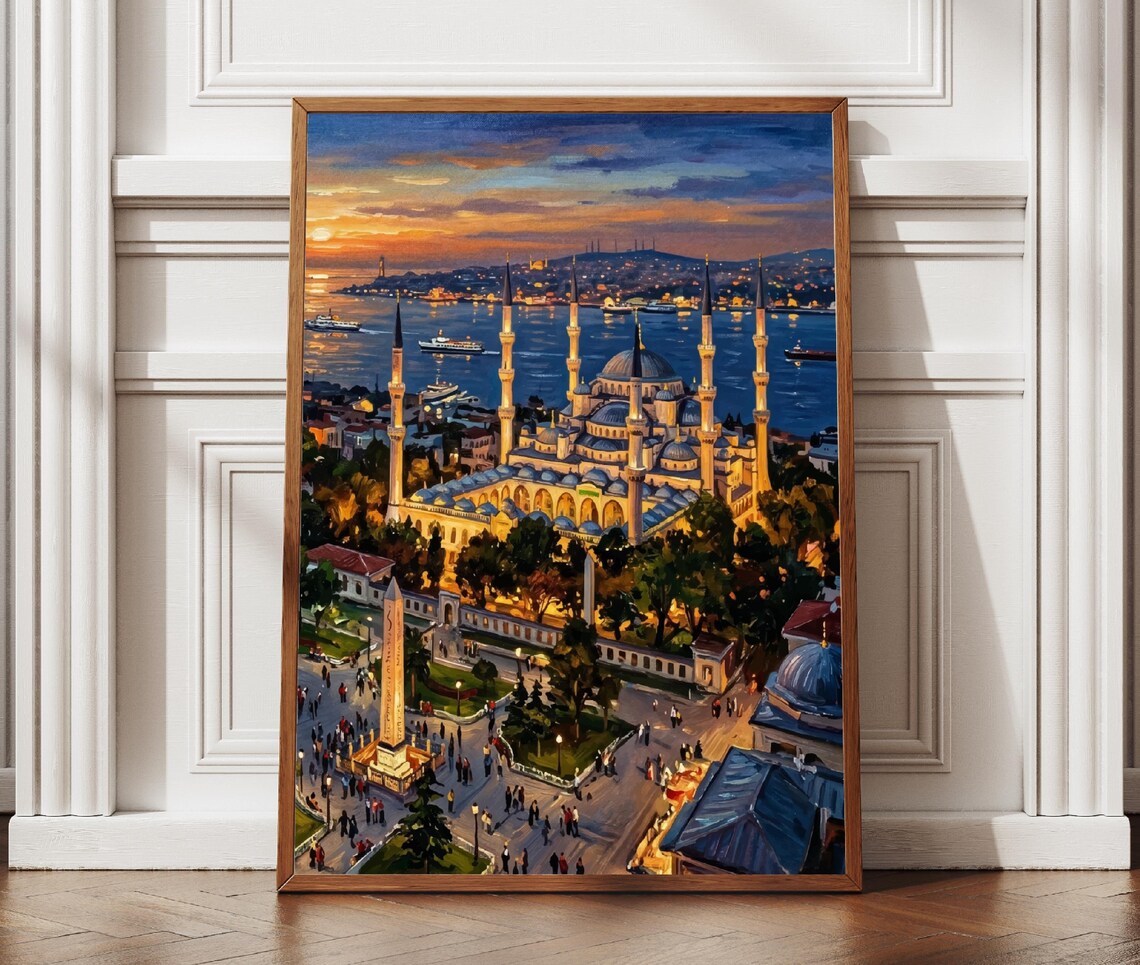 Istanbul Blue Mosque Sunset Golden Horn Oil Painting Travel Wall Poster