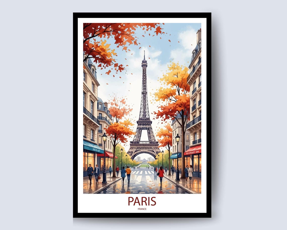 Paris France Eiffel Tower Autumn Street Scene Fall Art Poster
