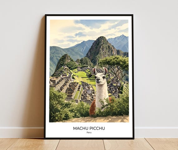Machu Picchu Llama Watercolor Travel Poster Peru Wall Art Home Office