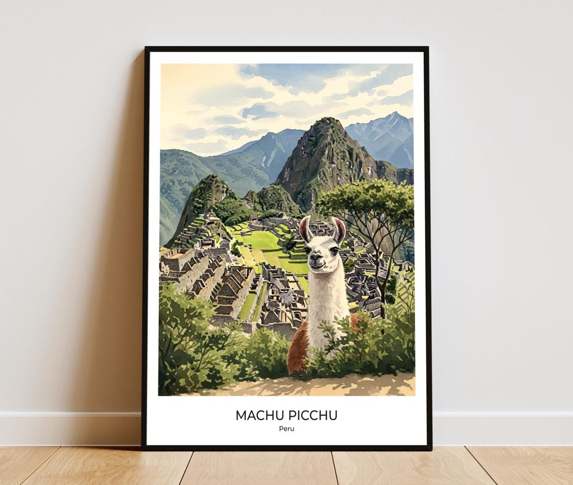 Machu Picchu Peru Llama Watercolor Travel Poster With Mountain Ruins