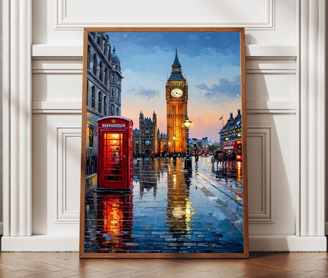 Big Ben Red Telephone Booth Rainy London Dusk Cityscape Poster