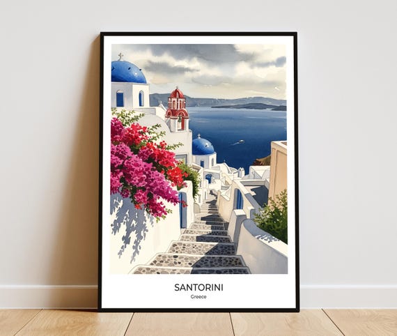 Santorini Oia Village Watercolor Art Greece Travel Poster Print Home Office