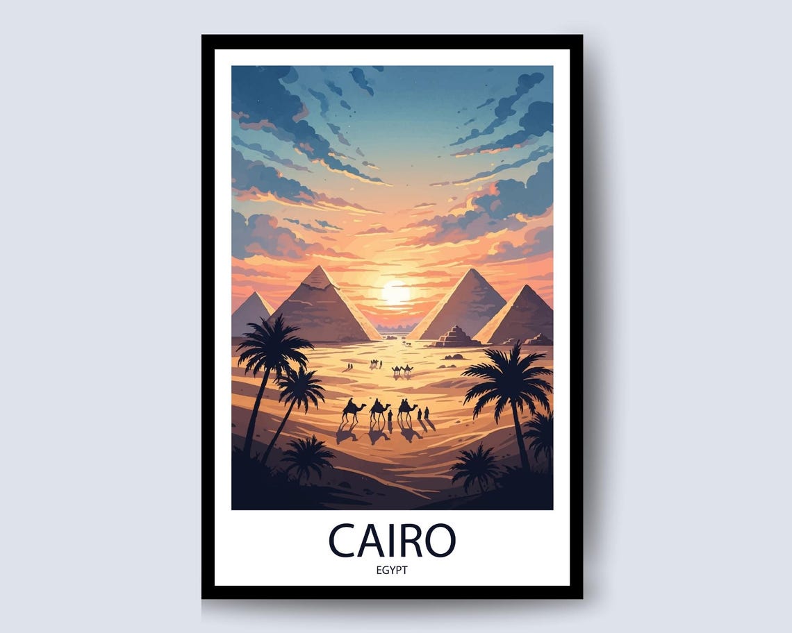 Cairo Egypt Pyramids Sunset Camel Caravan Palms Oasis Poster