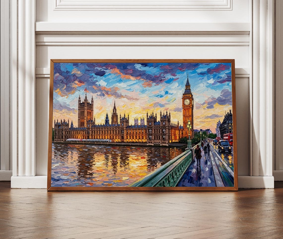 Big Ben Westminster Bridge London Sunset Glow Oil Painting Wall Poster