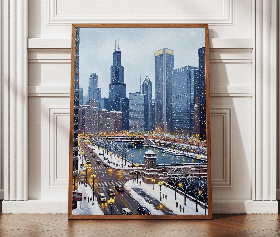 Chicago in Winter Snowy Skyline and River Textured Travel Poster