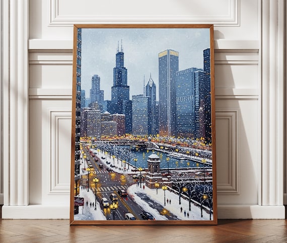 Chicago in Winter Snowy Skyline and River Textured Travel Poster
