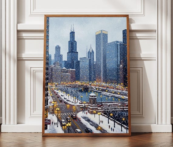 Chicago Winter Landscape Print Snowy City Wall Art Textured Style Digital Travel Poster