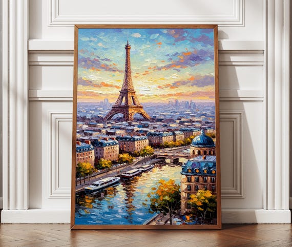 Paris City Eiffel Tower Sunset Oil Painting Textured Effect Print France Travel Poster
