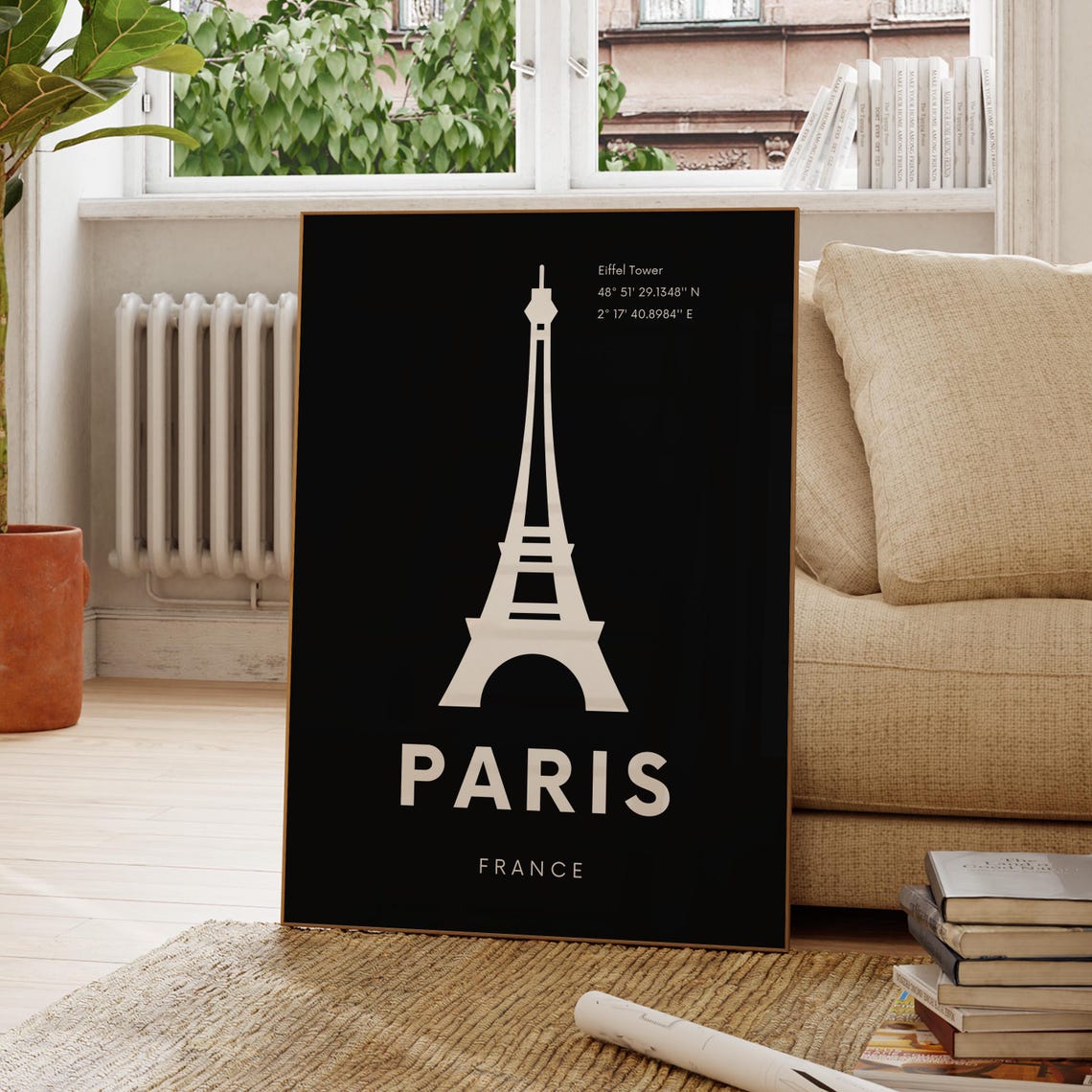 Paris France Eiffel Tower Silhouette Minimal Black Art Poster
