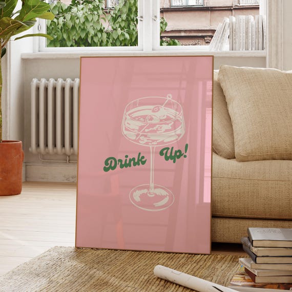 Drink Up Cocktail Glass Pink Green Retro Bar Cart Party Decor Poster