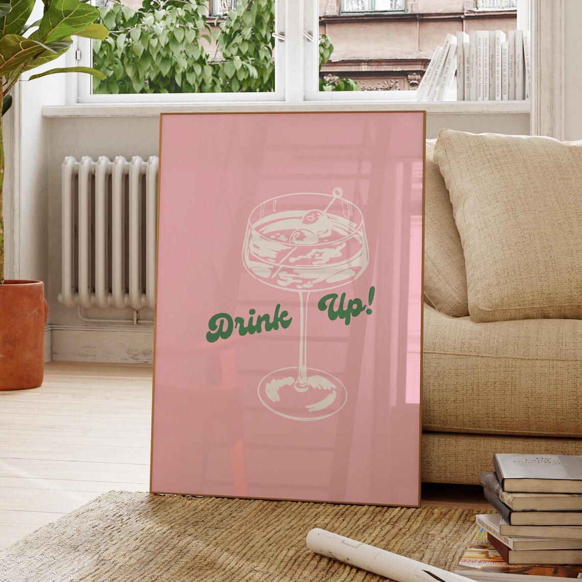 Drink Up Cocktail Glass Pink Green Retro Bar Cart Party Decor Poster