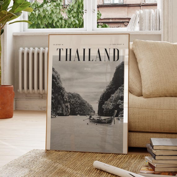 Thailand Asia Modern Travel Wall Art Design Black And White Print Wanderlust Decor Home Office