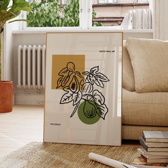 Fig Tree Branch Botanical Line Art Mustard Olive Rustic Style Poster