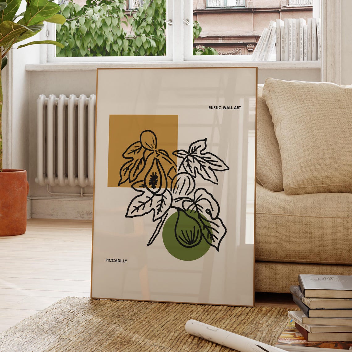 Fig Tree Branch Botanical Line Art Mustard Olive Rustic Style Poster