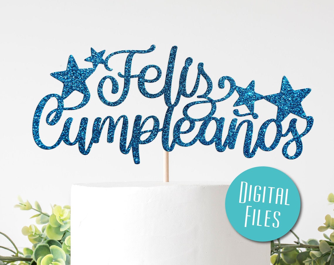 Feliz Cumpleaños Blue Glitter Star Cake Topper Party Design Poster
