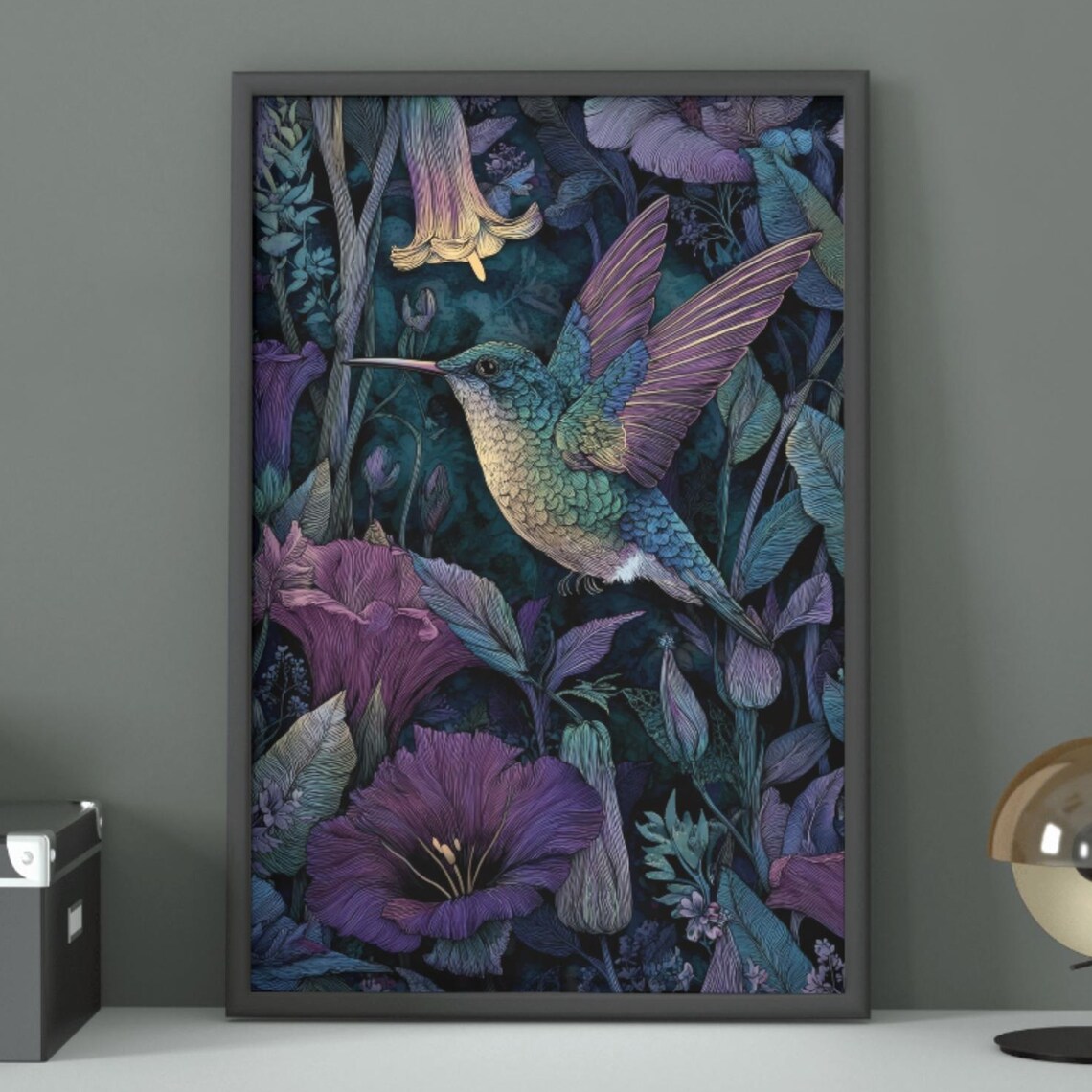 Mystical Hummingbird Dark Botanical Floral Watercolor Poster