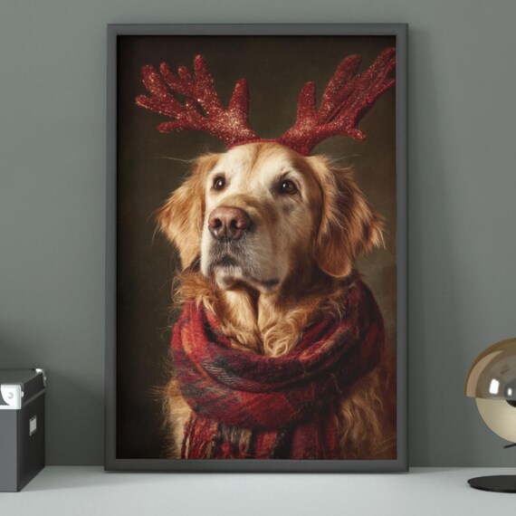 Golden Retriever Glitter Reindeer Antlers Christmas Portrait Poster