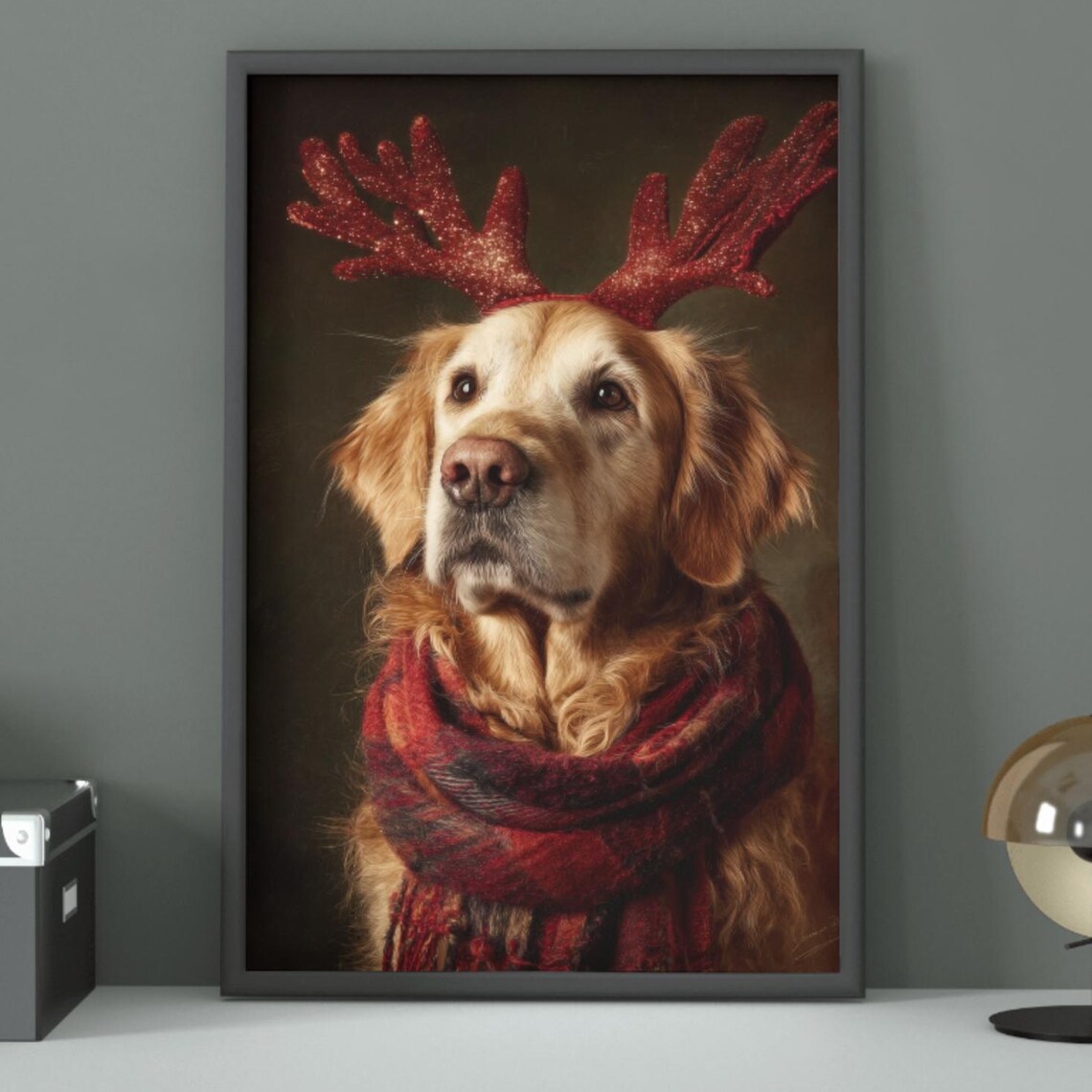 Golden Retriever Glitter Reindeer Antlers Christmas Portrait Poster