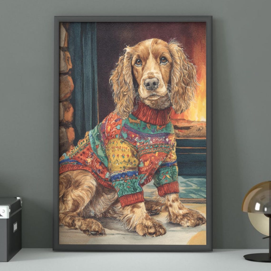 Cocker Spaniel in Ugly Christmas Sweater Fireside Dog Portrait Poster
