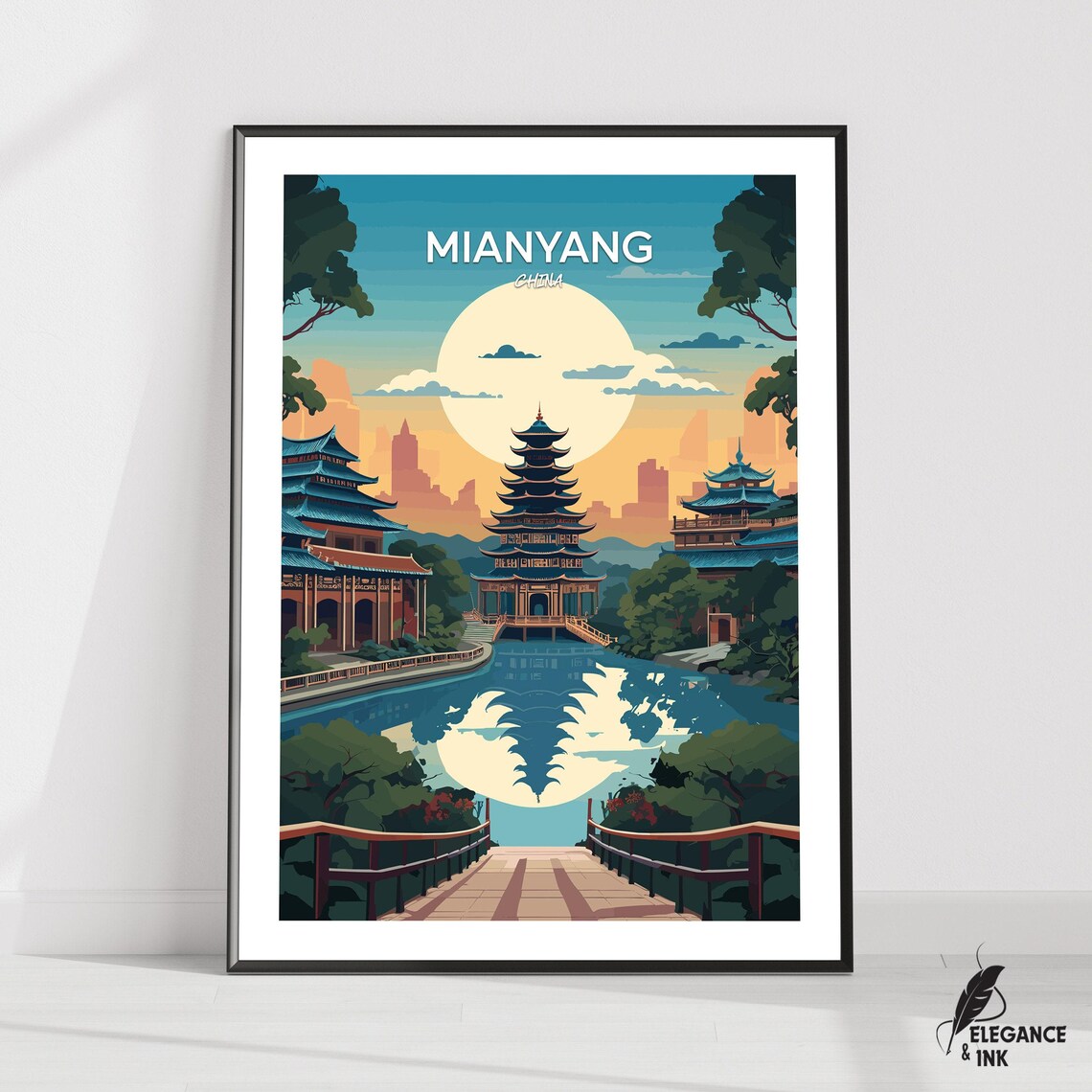Mianyang China Pagoda Lake Golden Sunset Retro Travel Poster