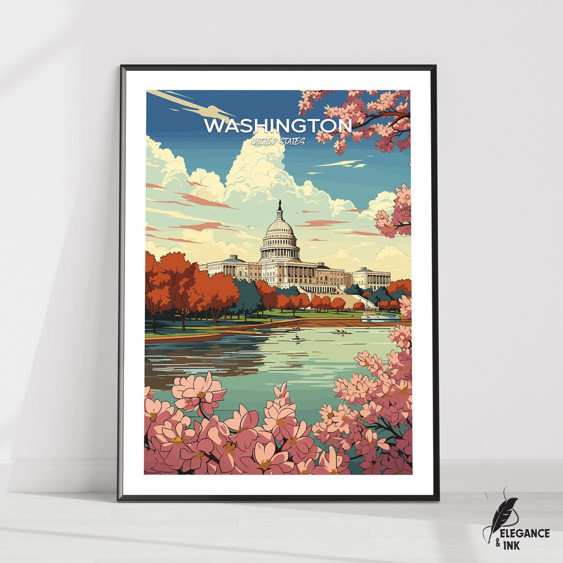 Washington DC Capitol Reflecting Pool Blossom Framed Travel Poster