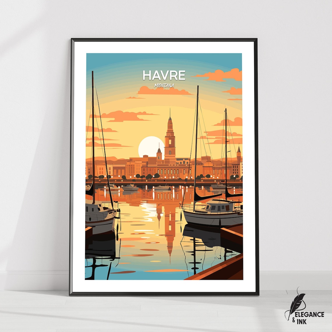 Havre Montana Golden Harbor Sailboats Top Text Travel Poster