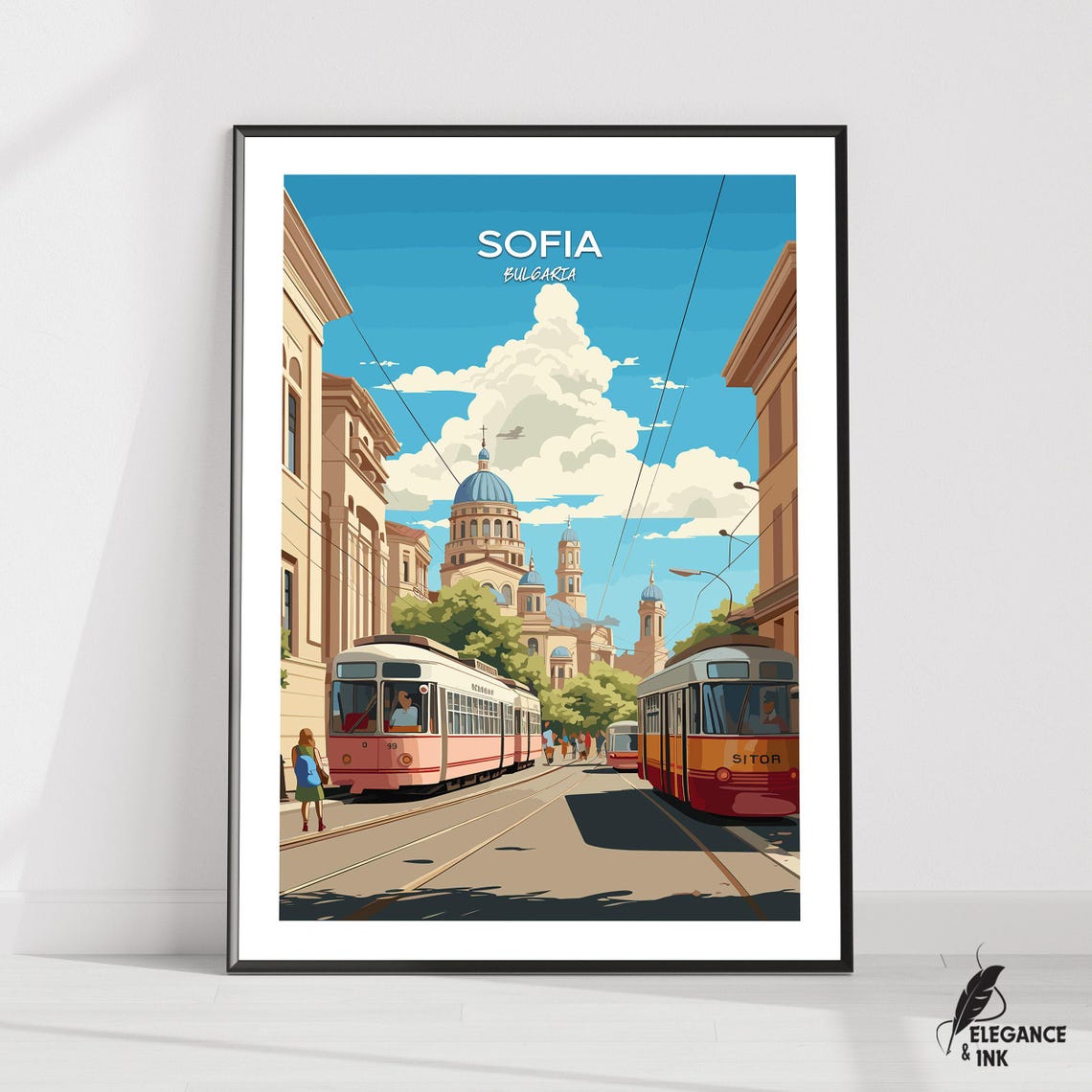 Sofia Bulgaria Tram Street Sunny Retro Style Travel Poster Art