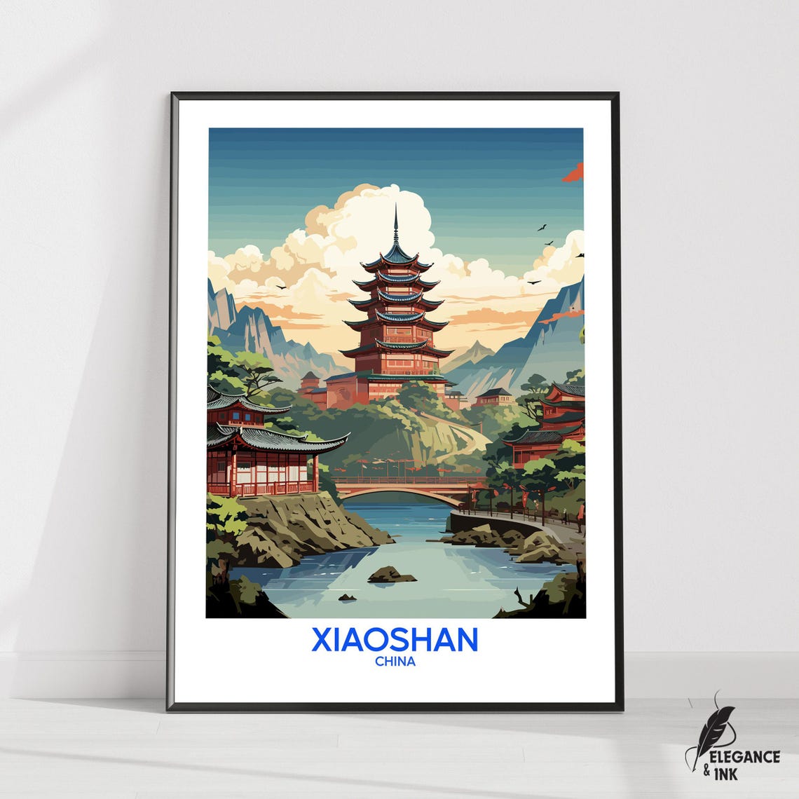 Xiaoshan China Pagoda River Vintage Scenic Travel Art Poster