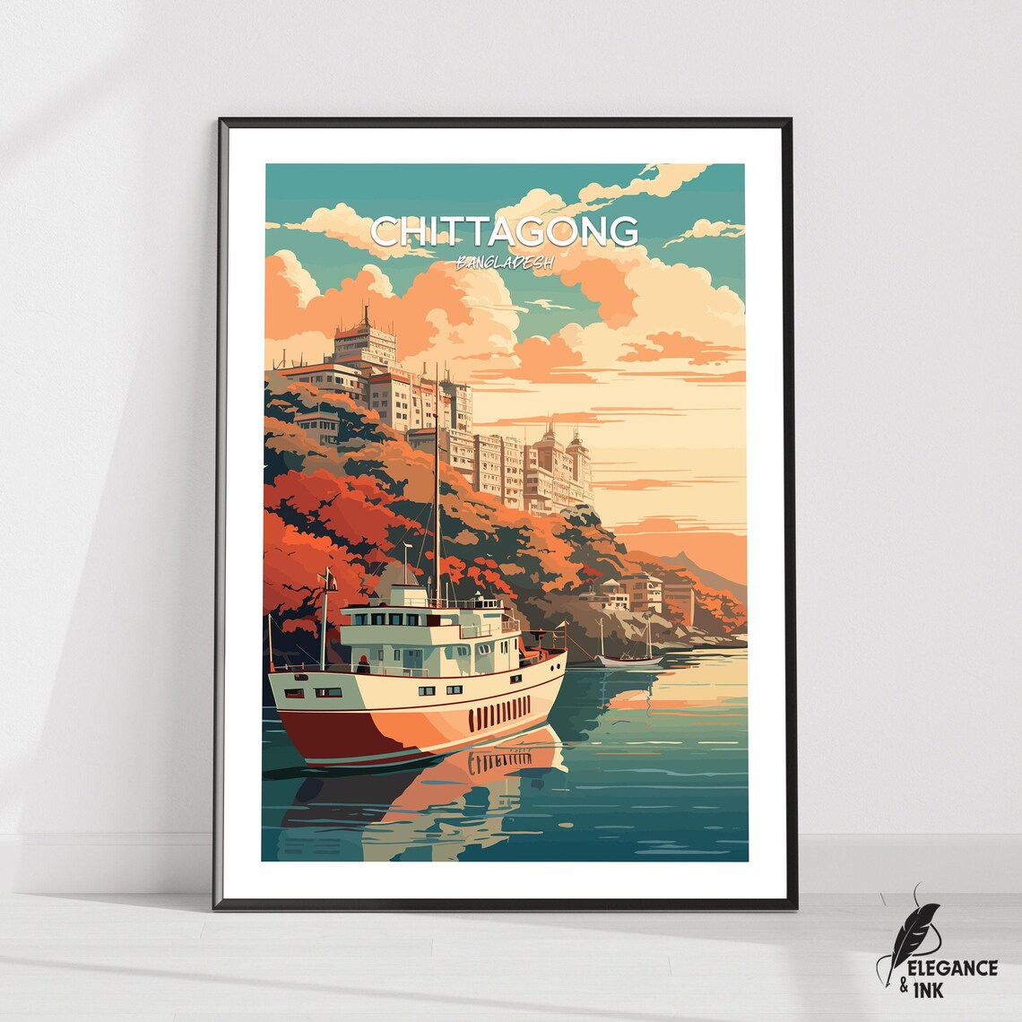 Chittagong Bangladesh Dusk Harbor Sailboat Vintage Travel Poster