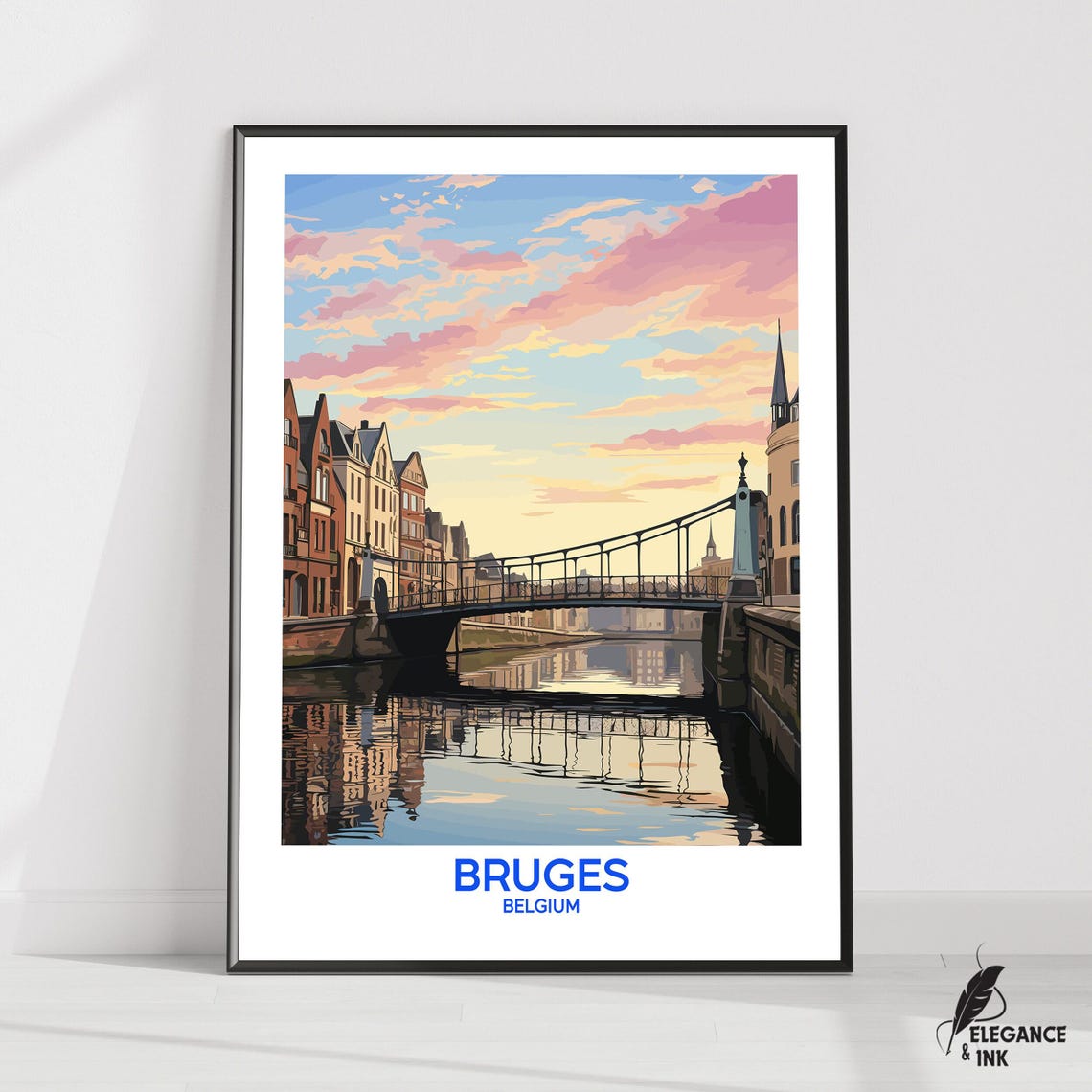 Bruges Belgium Canal Sunset Bridge Reflection Retro Travel Poster
