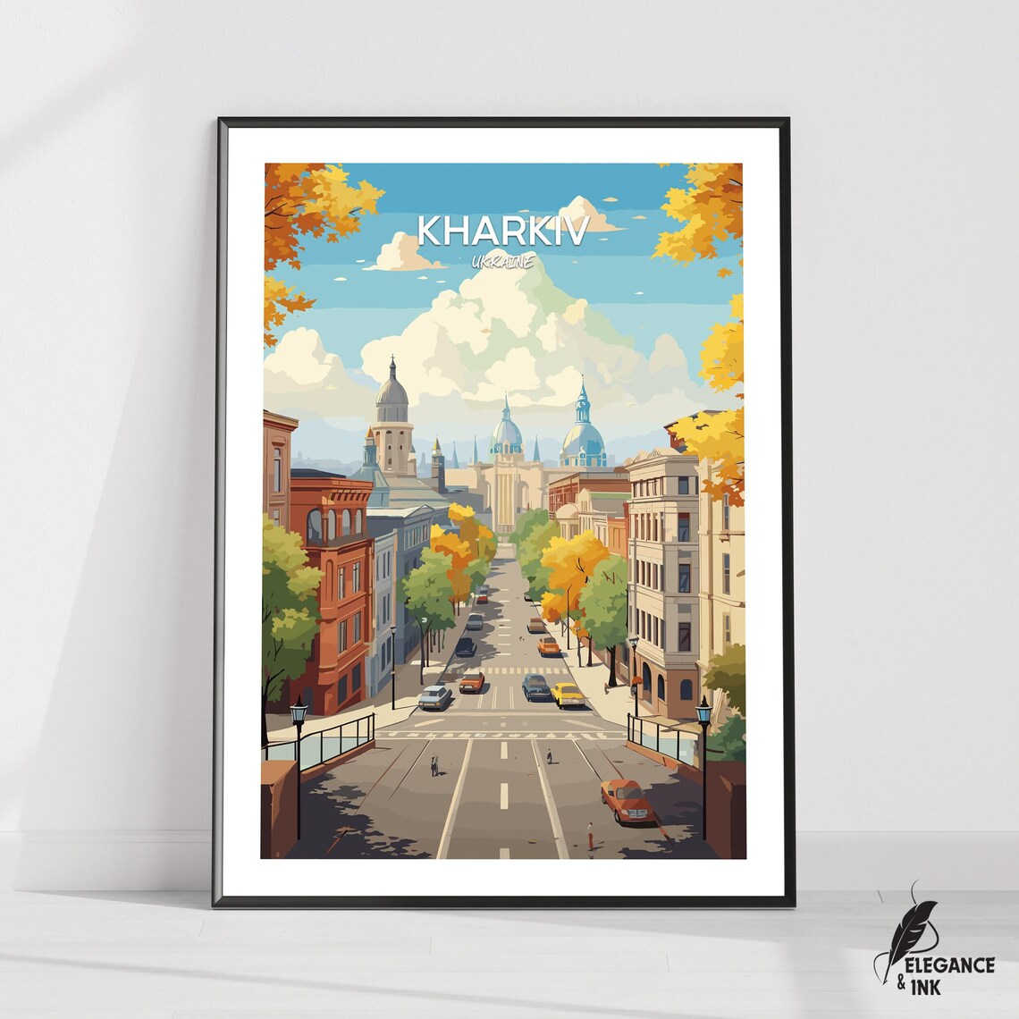 Kharkiv Ukraine Autumn Cathedral Street Travel City Scene Poster