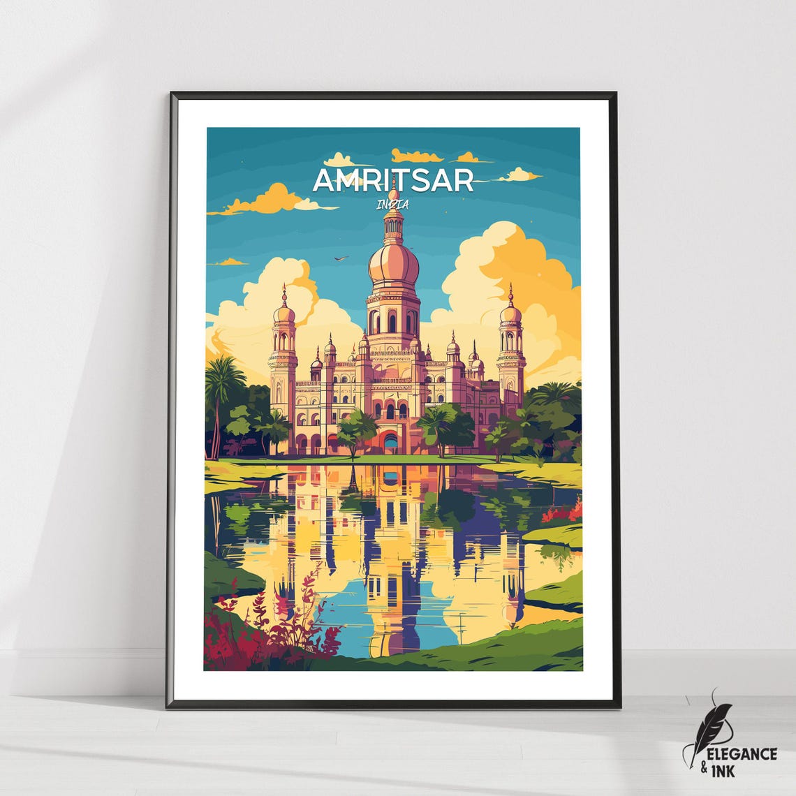 Amritsar India Domed Palace Golden Sky Clouds Retro Travel Poster