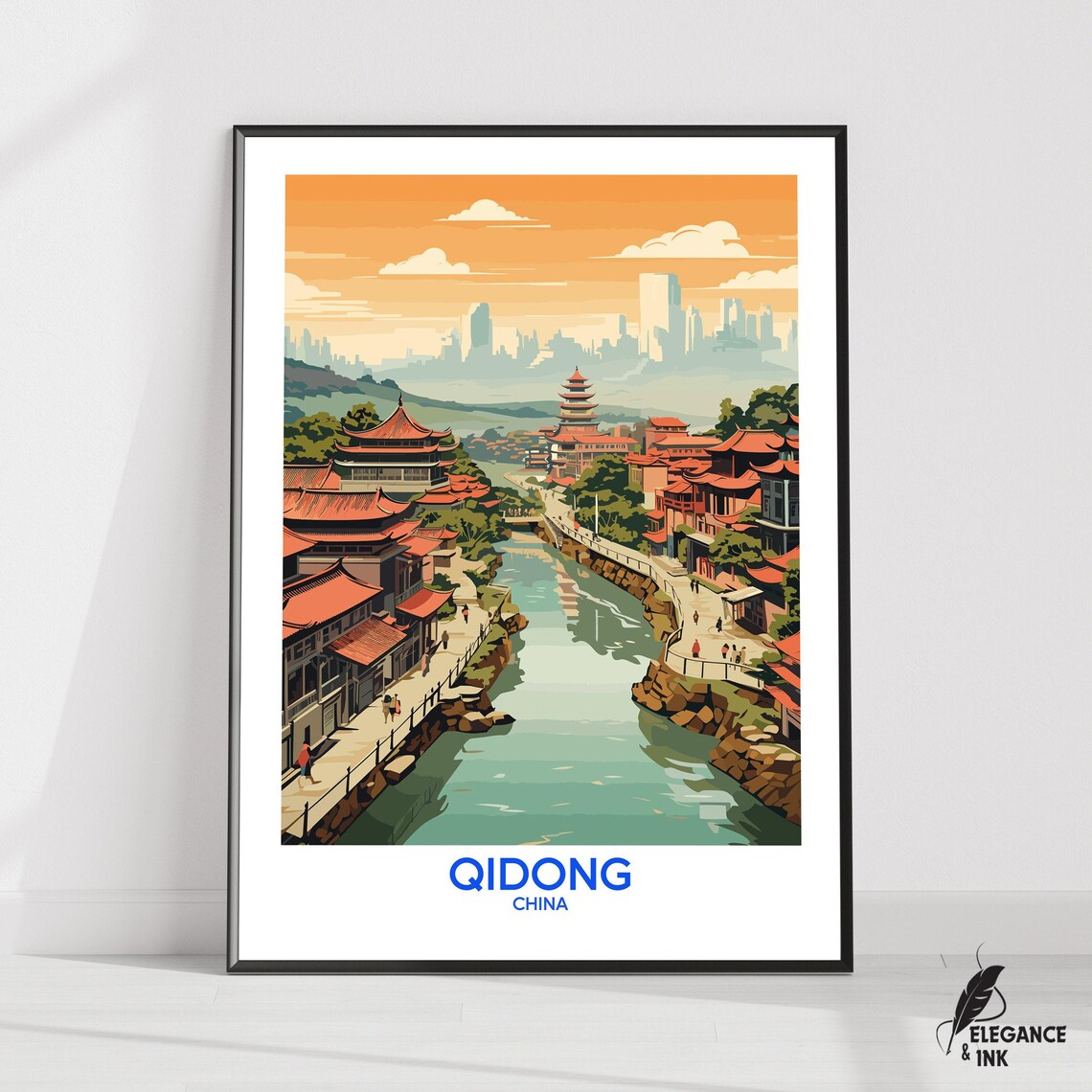 Qidong China Riverside Pagoda Orange Sky Vintage Travel Poster