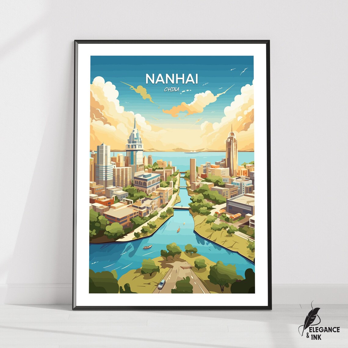 Nanhai China City Canal Sunset Skyline Vintage Travel Poster
