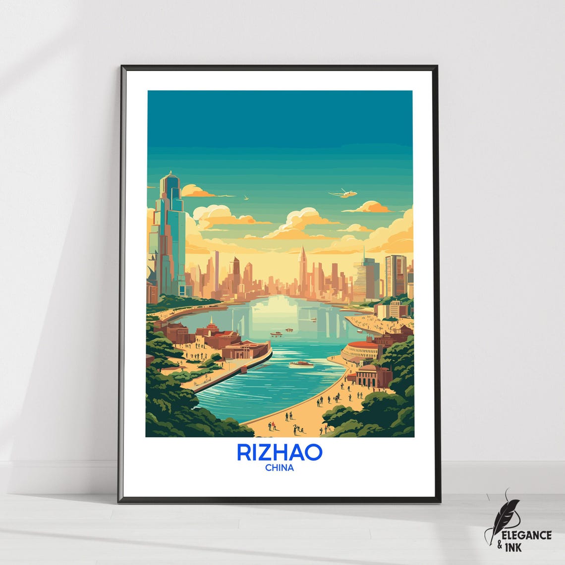 Rizhao China Coastal Bay City Skyline Sunset Vintage Travel Poster
