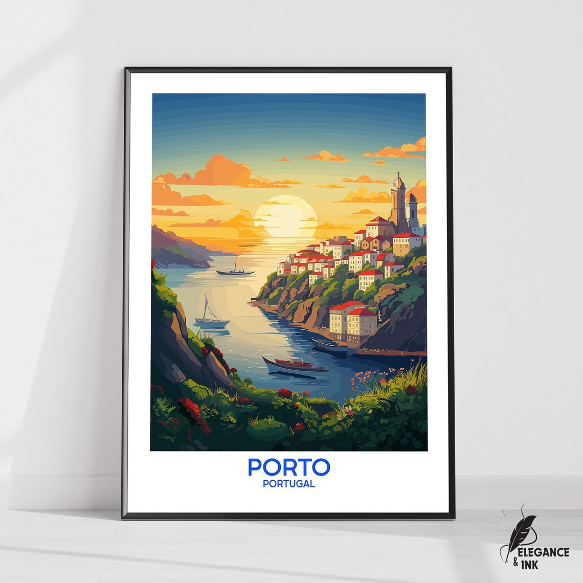 Porto Portugal Sunset Riverside Harbor Cityscape Travel Poster