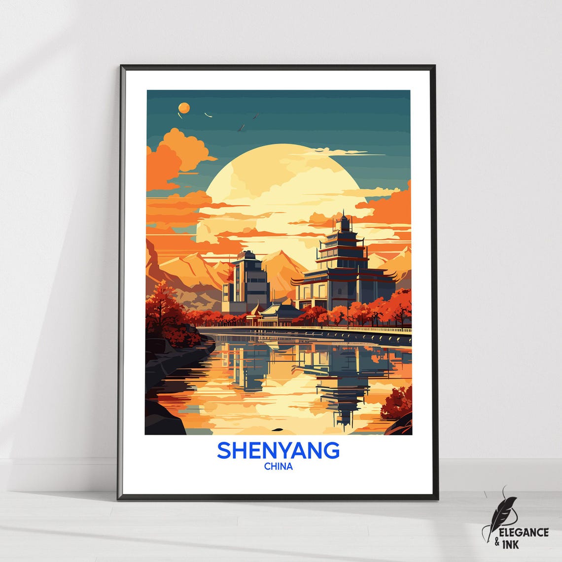 Shenyang China Sunset Skyline River Retro Style Travel Poster