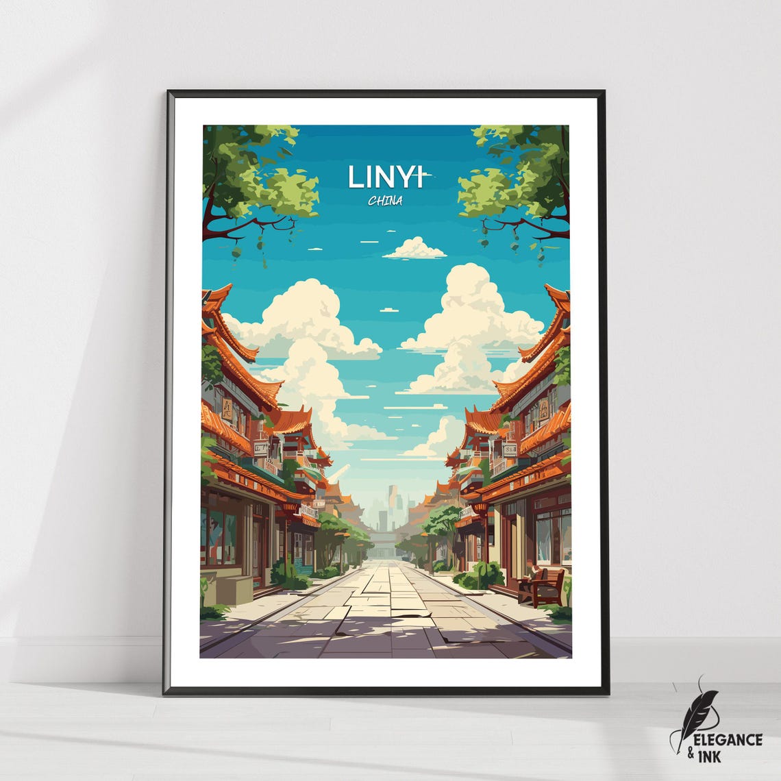 Linyi China Bright Daytime Illustrated Old Town Street Poster