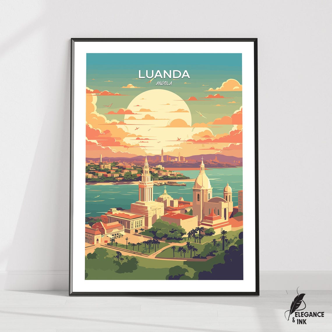 Luanda Angola Cathedral Bay Sunset Skyline View Travel Poster