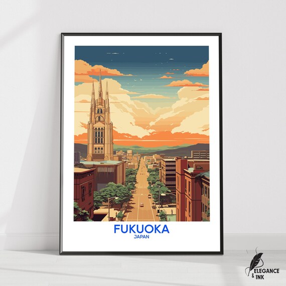 Fukuoka Wall Hanging Posterfukuoka Flat Vector Illustration Canvasjapan Handmade Wooden Frame And Unframed Colorful Vintage Gift