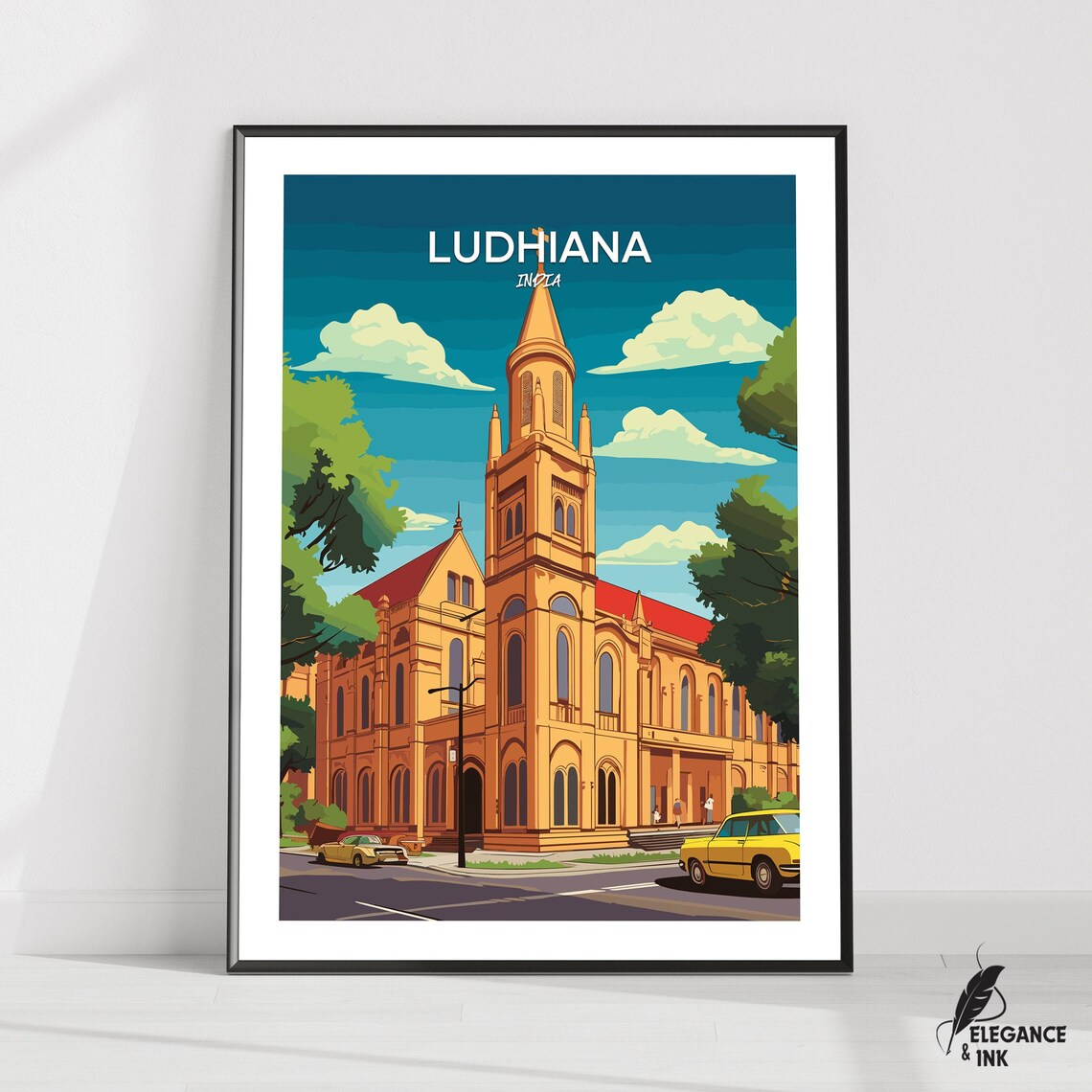 Ludhiana India Cathedral Street Vintage Cars Retro Travel Poster