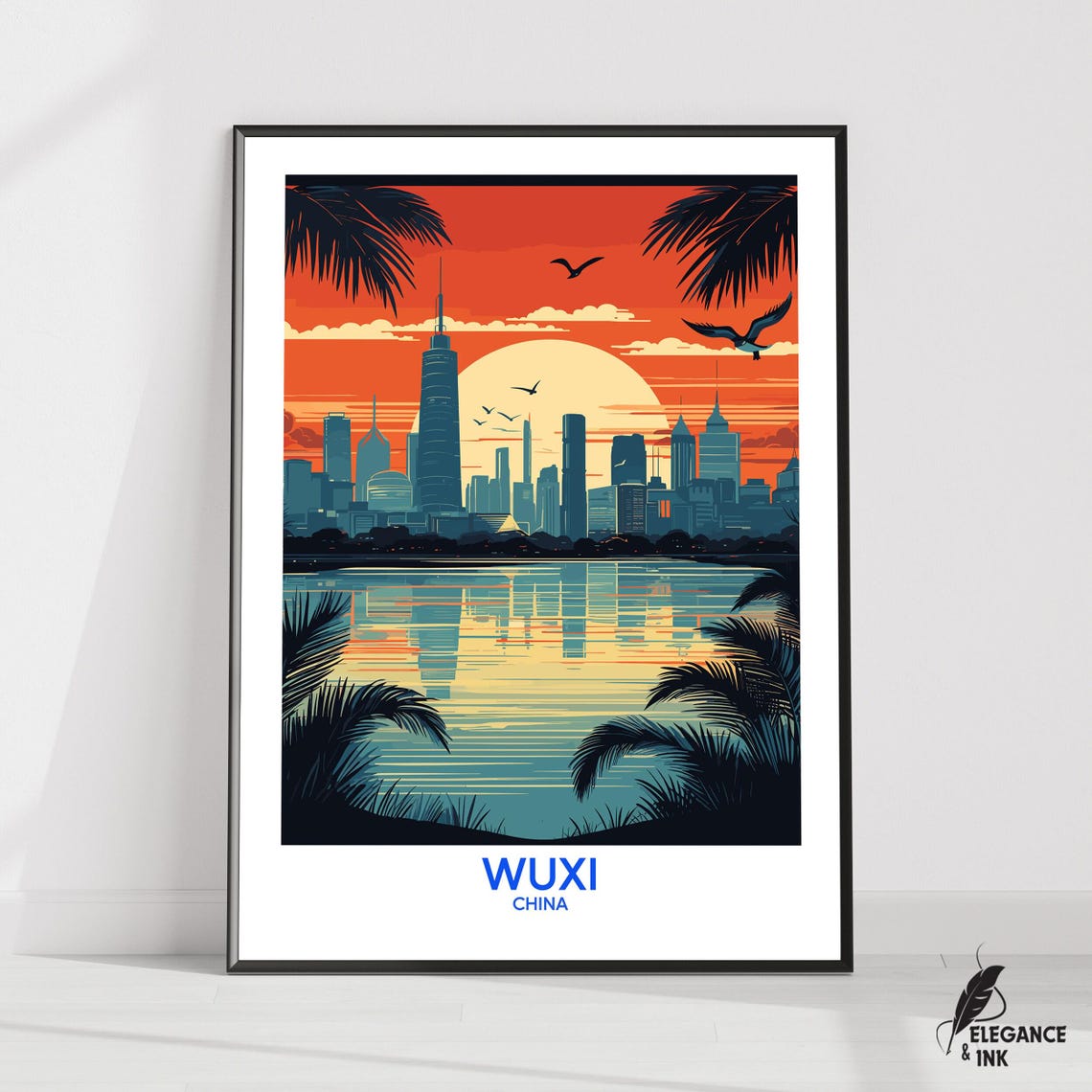 Wuxi China Sunset Skyline Retro Travel Poster with Palm Fronds