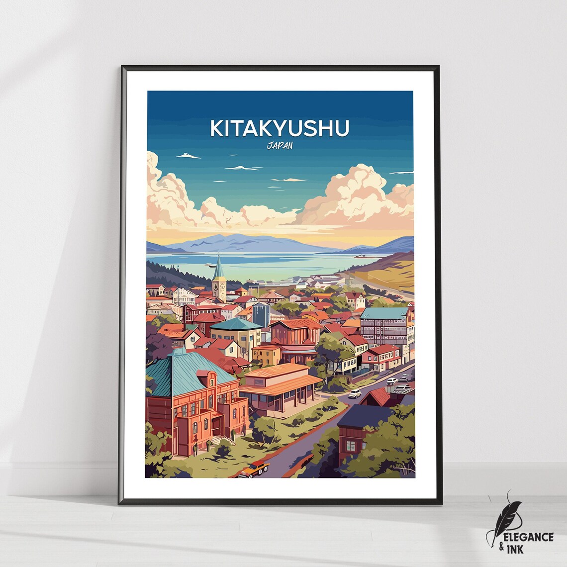 Kitakyushu Japan Coastal City Overlook Vintage Travel Poster