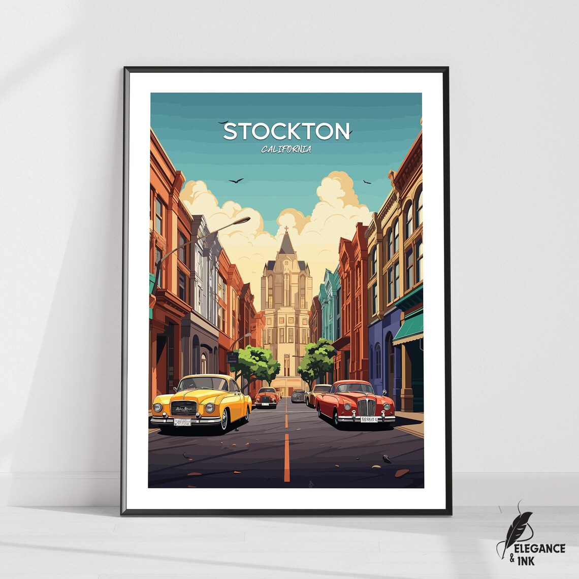 Stockton California Downtown Street Retro Illustrated Travel Poster