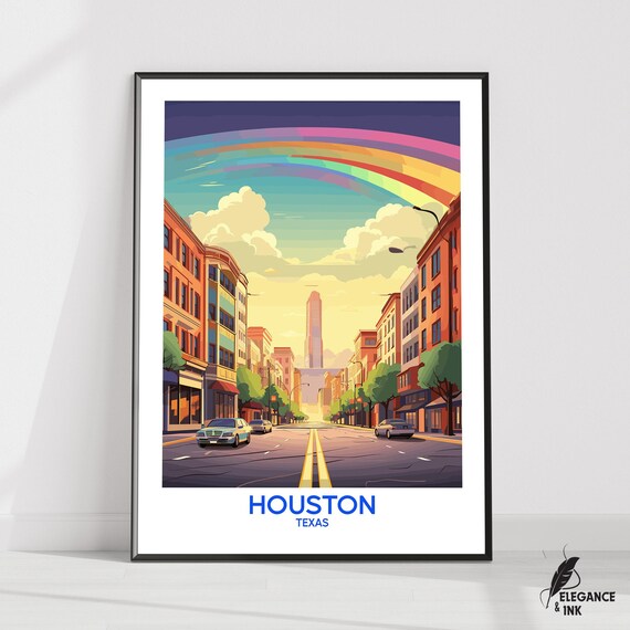 Vibrant Houston Texas Rainbow Sky Street Illustration Travel Poster