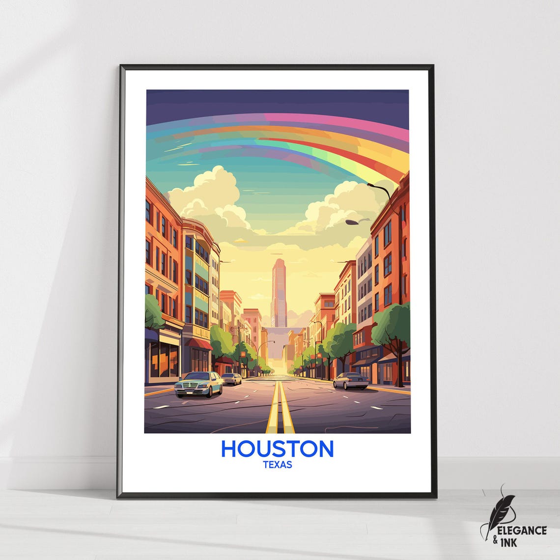 Vibrant Houston Texas Rainbow Sky Street Illustration Travel Poster